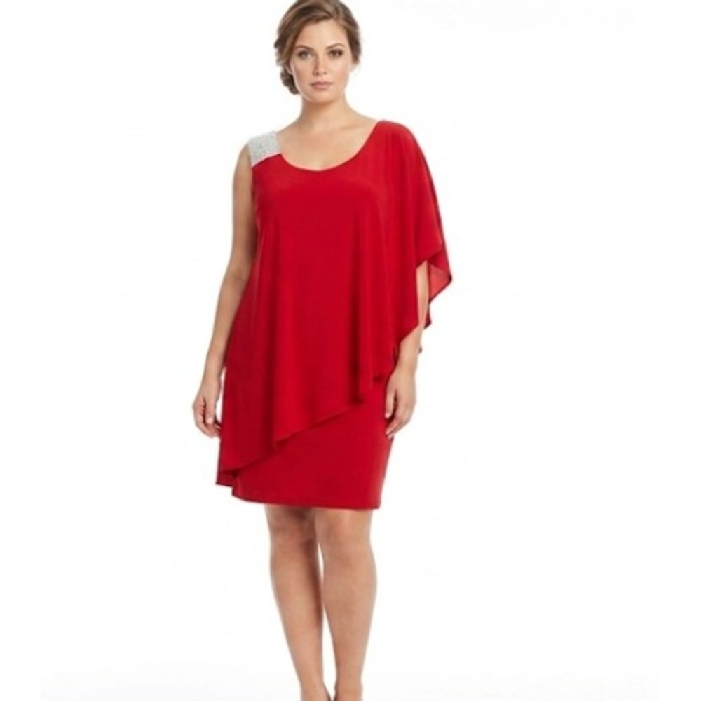 Sophia Christina Dress‎ Womens 14W Red One Shoulder Sequin Draped Cocktail Party